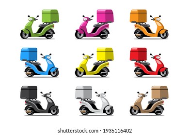 Big isolated Motorcycle vector colorful icons set, flat illustrations of various colorful motorcycles. delivery bike, pizza and food delivery, instant delivery, online delivery.