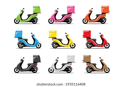 Big isolated Motorcycle vector colorful icons set, flat illustrations of various colorful motorcycles. delivery bike, pizza and food delivery, instant delivery, online delivery.