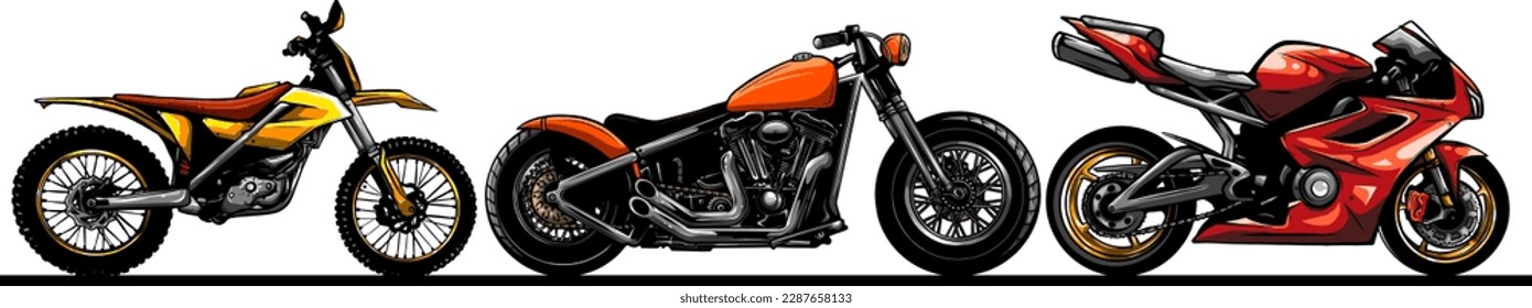 Big isolated Motorcycle vector colorful icons set, flat illustrations of various type motorcycles.