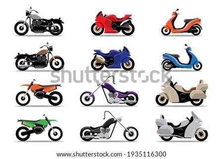 Big isolated Motorcycle vector colorful icons set, flat illustrations of various type motorcycles.