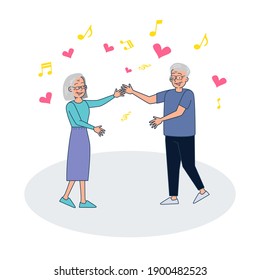 Big isolated old couple are celebrating. vector illustration  Cartoon flat friends or couple dancing at home party, indoor celebrating 