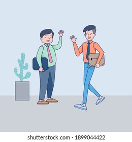 big isolated two office colleagues ho five each other. Illustration vector with light background.