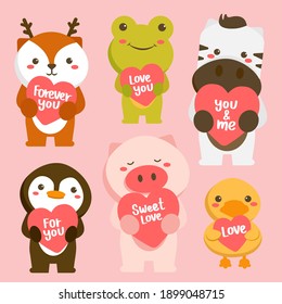 Big isolated vector set with animals in cartoon style with love sign. Vector collection for valentine day celebration. Light color background.