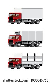 Gran conjunto de íconos coloridos vectores de vehículos aislados, ilustraciones planas de distintos tipos de camiones, concepto de transporte comercial logístico.