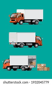 Big isolated vehicle vector colorful icons set, flat illustrations of various type truck, logistic commercial transport concept.