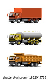 Big isolated vehicle vector colorful icons set, flat illustrations of various type truck, logistic commercial transport concept.