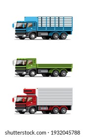 Big isolated vehicle vector colorful icons set, flat illustrations of various type truck, logistic commercial transport concept.