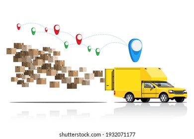 Big isolated vehicle vector colorful icons, flat illustrations of delivery by van through GPS tracking location. delivery vehicle, goods and  parcel delivery, instant delivery.