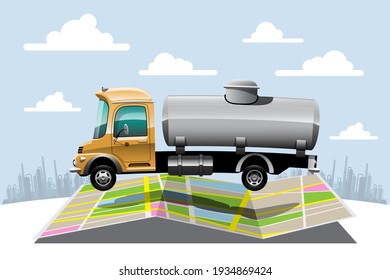 Gran vehículo aislado vectores coloridos iconos, ilustraciones planas de entrega por furgoneta a través de localización GPS. vehículo de entrega, suministro de agua líquida, entrega instantánea, 