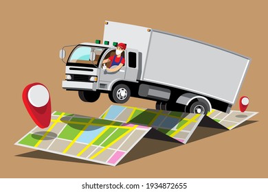 Big isolated vehicle vector colorful icons, flat illustrations of delivery by van through GPS tracking location. delivery vehicle, goods and  food delivery, instant delivery, 