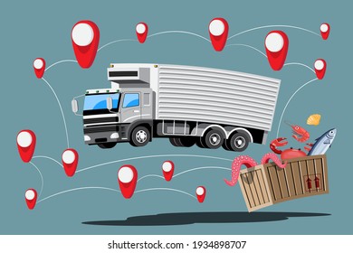 Big isolated vehicle vector colorful icons, flat illustrations of delivery by van through GPS tracking location. delivery vehicle, goods and  food delivery, instant delivery, 