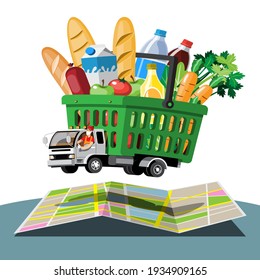 Big isolated vehicle vector colorful icons, flat illustrations of delivery by van through GPS tracking location. delivery vehicle, goods and  food delivery, instant delivery, 