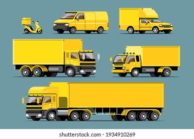 Big isolated vehicle vector colorful icons set, flat illustrations of various type truck, logistic commercial transport concept.