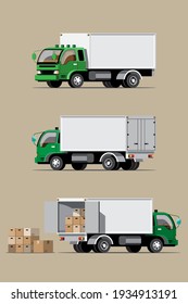 Big isolated vehicle vector colorful icons set, flat illustrations of various type truck, logistic commercial transport concept.