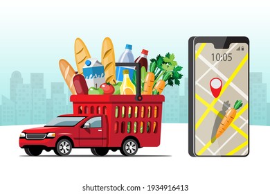 Big isolated vehicle vector colorful icons, flat illustrations of delivery by van through GPS tracking location. delivery vehicle, goods and  food delivery, instant 