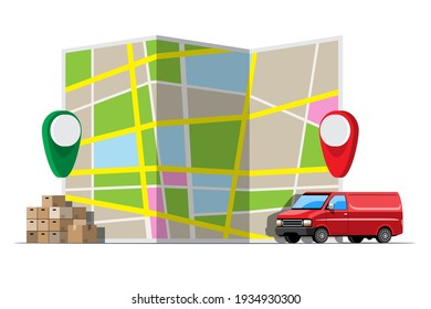Big isolated vehicle vector colorful icons, flat illustrations of delivery by van through GPS tracking location. delivery vehicle, goods and  food delivery, instant delivery