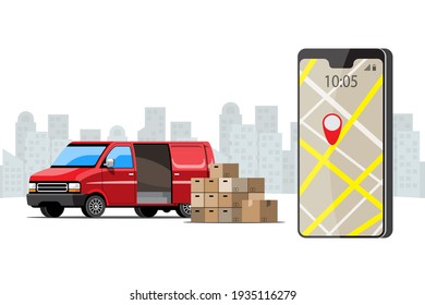 Big Isolated Vehicle Vector Colorful Icons, Flat Illustrations Of Delivery By Van Through GPS Tracking Location. Delivery Vehicle, Goods And  Parcel Delivery, Instant Delivery, Online.