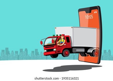 Big isolated vehicle vector colorful icons, flat illustrations of delivery by van through GPS tracking location. delivery vehicle, goods and  food delivery, instant delivery, online.