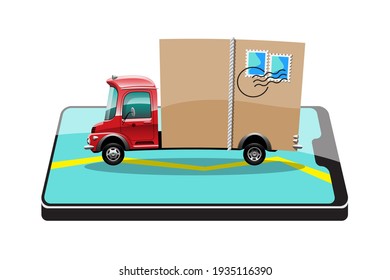 Big isolated vehicle vector colorful icons, flat illustrations of delivery by van through GPS tracking location. delivery vehicle, goods and  food delivery, instant delivery, online.