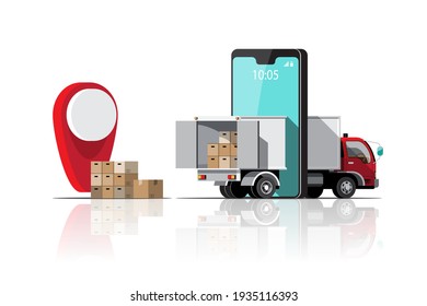 Big isolated vehicle vector colorful icons, flat illustrations of delivery by van through GPS tracking location. delivery vehicle, goods and  food delivery, instant delivery, online.