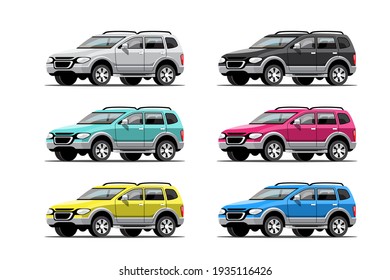 Big isolated vehicle vector colorful icons set, flat illustrations of various type car.