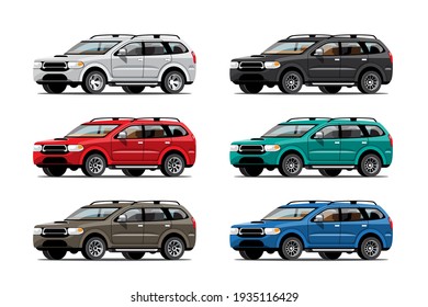 Big isolated vehicle vector colorful icons set, flat illustrations of various type car.