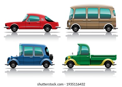 Big isolated vehicle vector colorful icons set, flat illustrations of various type car.