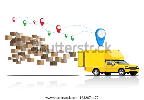 Big\
isolated vehicle vector colorful icons, flat illustrations of\
delivery by van through GPS tracking location. delivery vehicle,\
goods and  parcel delivery, instant\
delivery.