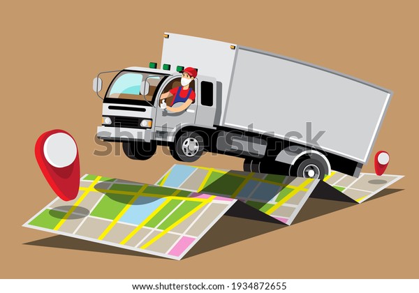 Big isolated\
vehicle vector colorful icons, flat illustrations of delivery by\
van through GPS tracking location. delivery vehicle, goods and \
food delivery, instant delivery,\
