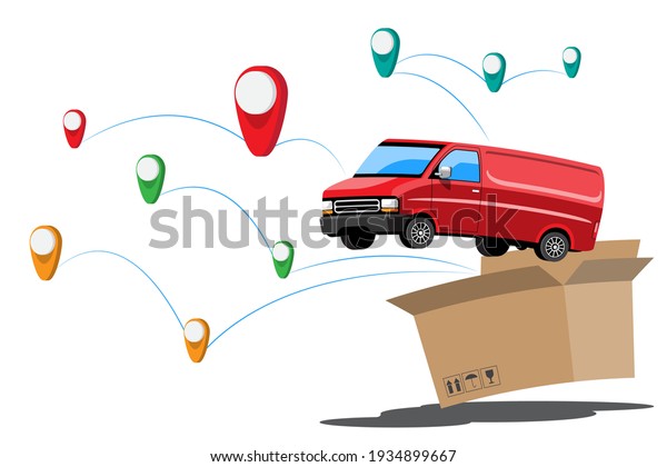 Big\
isolated vehicle vector colorful icons, flat illustrations of\
delivery by van through GPS tracking location. delivery vehicle,\
goods and  parcel delivery, instant delivery,\

