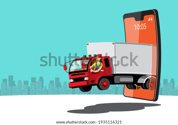 Big\
isolated vehicle vector colorful icons, flat illustrations of\
delivery by van through GPS tracking location. delivery vehicle,\
goods and  food delivery, instant delivery,\
online.