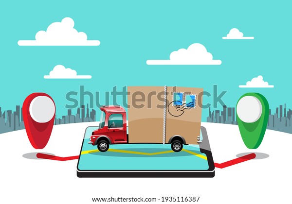 Big
isolated vehicle vector colorful icons, flat illustrations of
delivery by van through GPS tracking location. delivery vehicle,
goods and  food delivery, instant delivery,
online.