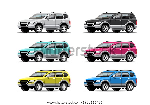 Big isolated vehicle vector colorful\
icons set, flat illustrations of various type\
car.