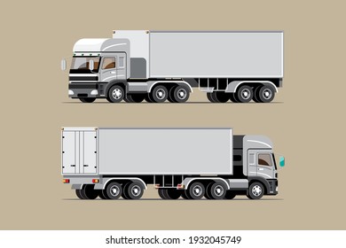 Big isolated vehicle vector icons set, flat illustrations various view of truck, logistic commercial transport concept.