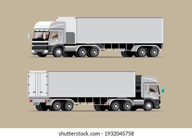 Big isolated vehicle vector icons set, flat illustrations various view of truck, logistic commercial transport concept.