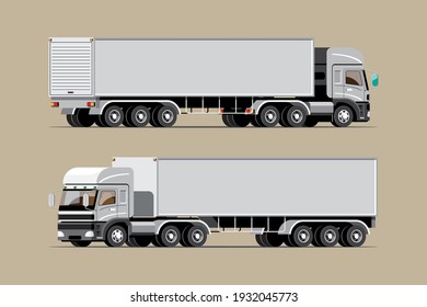 Big isolated vehicle vector icons set, flat illustrations various view of truck, logistic commercial transport concept.