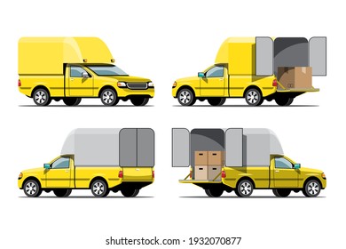 Big isolated vehicle vector icons set, flat illustrations various view of van, logistic commercial transport concept.