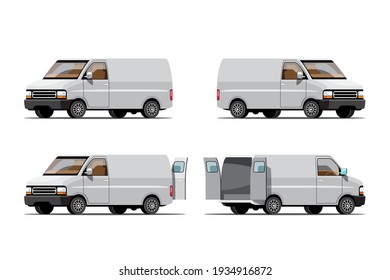 Big isolated vehicle vector icons set, flat illustrations various view of van, logistic commercial transport concept.