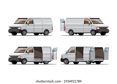 Big isolated vehicle vector icons set, flat illustrations various view of van, logistic commercial transport concept.