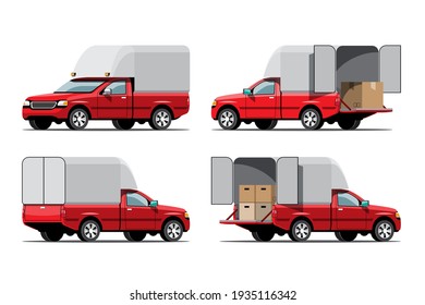 Big isolated vehicle vector icons set, flat illustrations various view of van, logistic commercial transport concept.