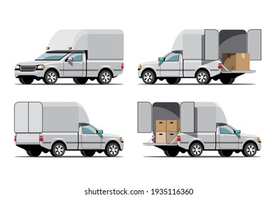 Big isolated vehicle vector icons set, flat illustrations various view of van, logistic commercial transport concept.