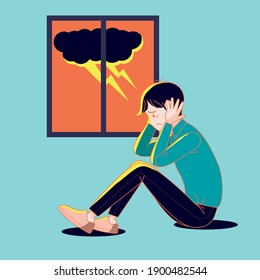 Big isolated young man suffering from the fear of thunderstorm. Cartoon illustration vector with dark background