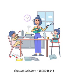 Gran madre joven aislada tratando de alimentar al desayuno de tres hijos. Vector de ilustración con fondo blanco.