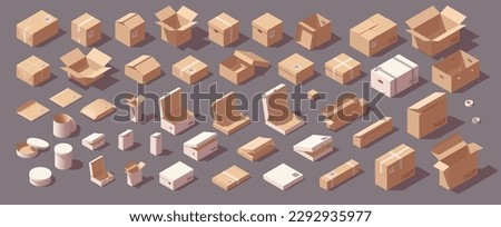 Big isometric carton box set. Different types of cardboard boxes. Box for goods, delivery and gifts. Vector illustration