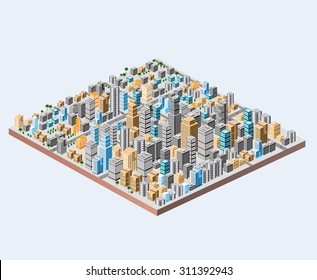 Big isometric city with hundreds of different houses, offices, skyscrapers, supermarkets and megapolis streets with traffic.
