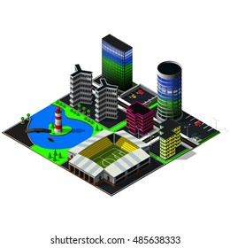 Big isometric city. Skyscrapers, stadium, buildings. Map includes river, business centers, lighthouse, office, hotel, central quay, cars, parkings, markings and greenery. 3d map elements.