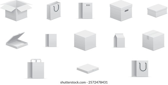 Big isometric delivery carton box set . White cardboard boxes. 