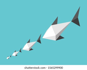 Big isometric fish chasing small ones on turquoise blue water background. Food chain, merger, survival and following concept. Flat design. EPS 8 vector illustration, no transparency, no gradients