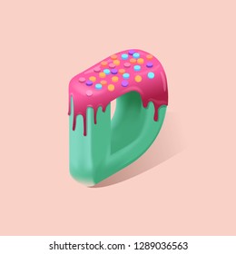 Big isometric letter D. Sweet font for web design. Cake type. Childish letter with pink glaze. Many confetty on surface. Tasty alphabet
