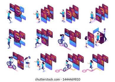Big Isometric set of bright concepts of use of mobile applications for tracking of trainings. To create an advertising design